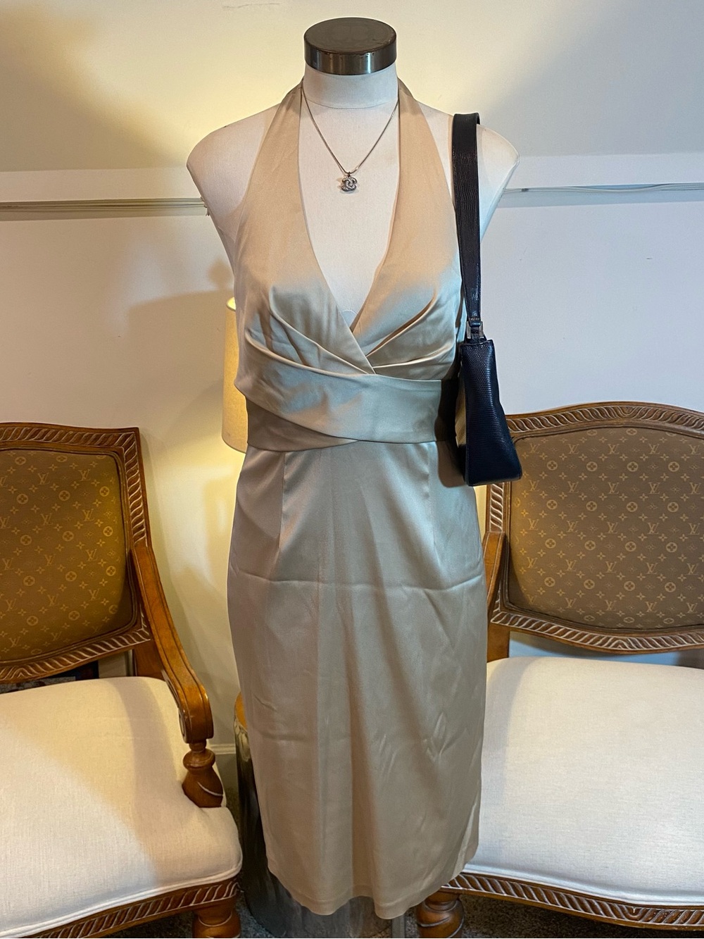 Donna Ricco Vintage 90s Satin Halter Midi Dress in Champagne, Size 4